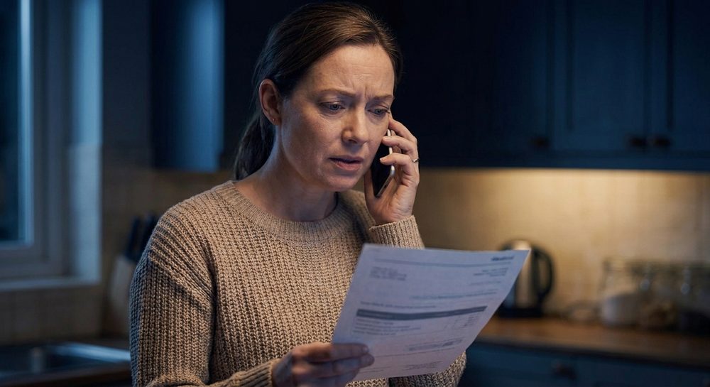 The same woman stands alone in her kitchen, on the phone with a worried expression, holding a medical bill she can't make sense of.