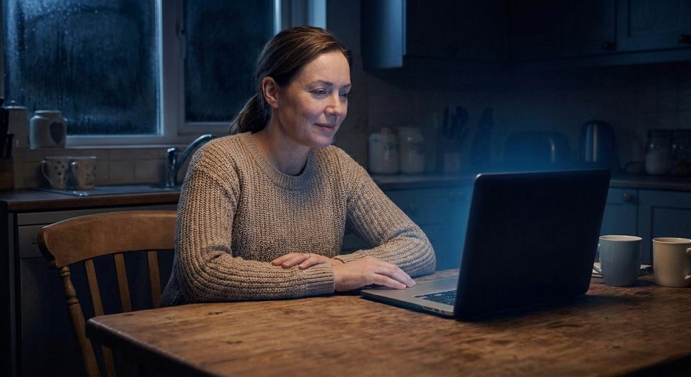 The same woman sits calmly at her laptop, lit by the screen, with a relieved and confident expression — finally able to see her options clearly.
