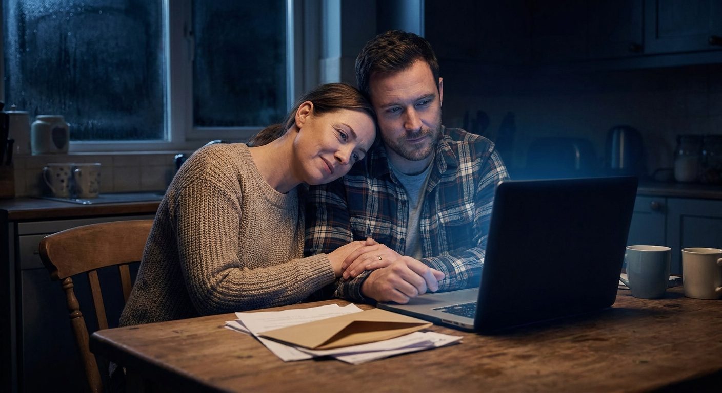 A woman and her husband sit close together at their kitchen table at night, reviewing a medical bill and a laptop together.
